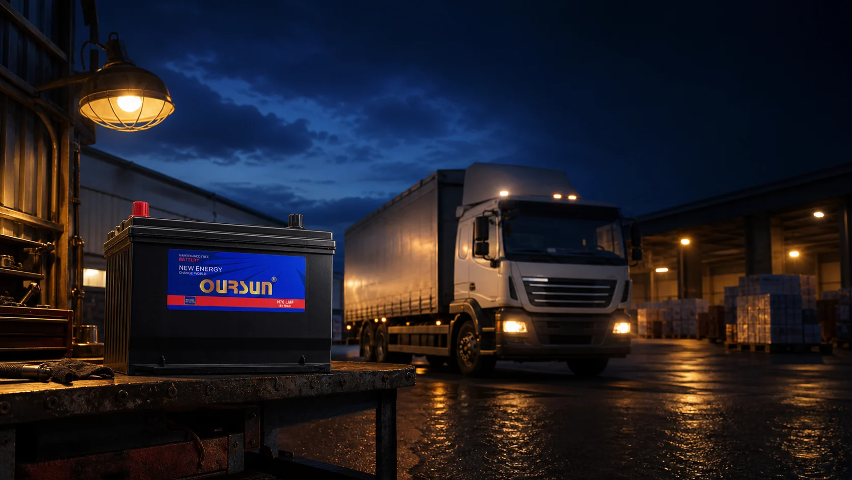 OurSun battery beside a commercial truck in a logistics yard